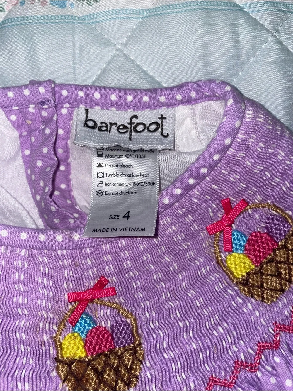 Girls Lavender Polka Dot Smocked Dress with Cupcake Detail
